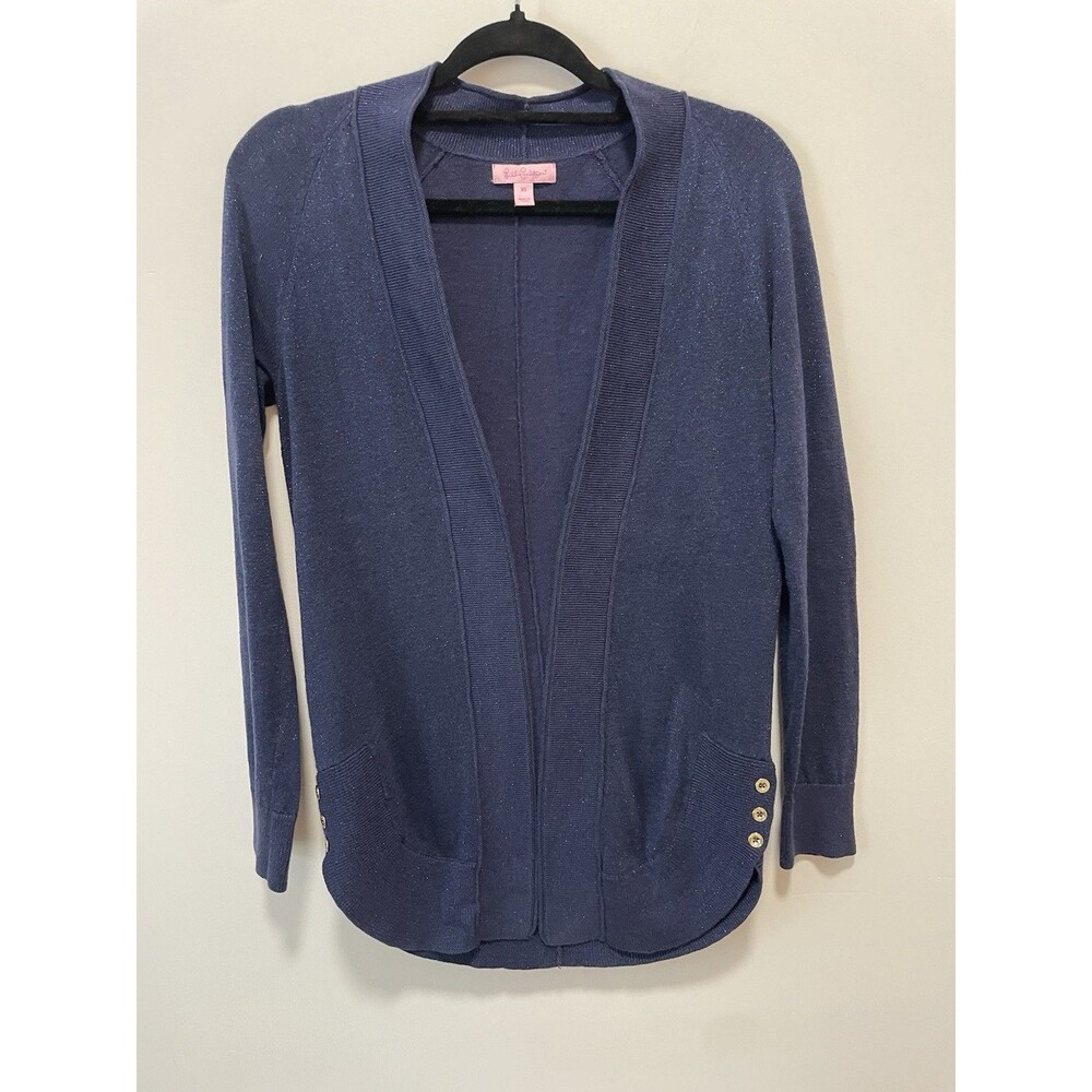 Lilly Pulitzer Micaila Cardigan Sweater Navy Metallic Open Longline Tulip Hem XS